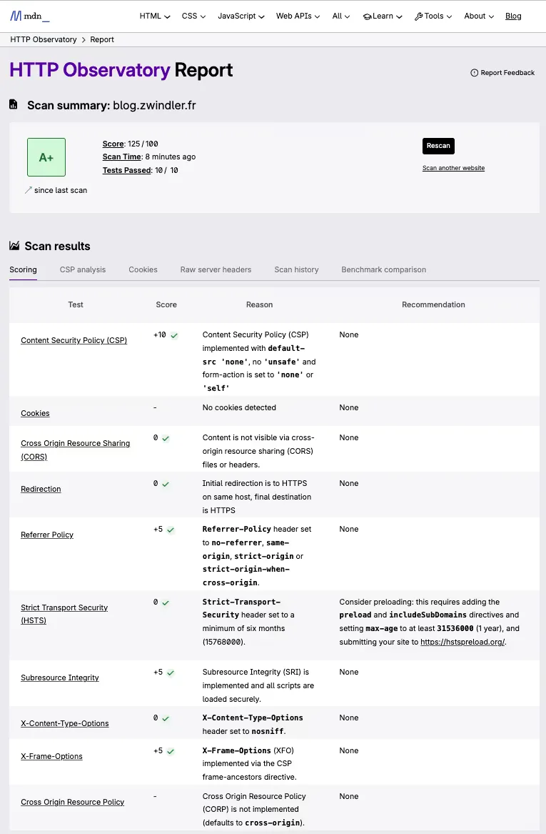 Featured image of post De F à A+ sur HTTP Observatory : sécuriser les headers de mon blog Hugo