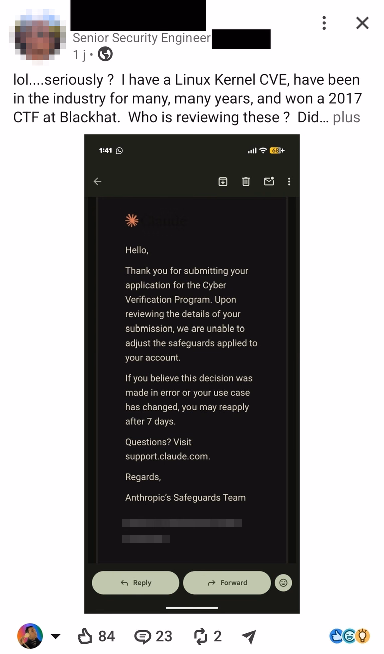 Post LinkedIn d’un ingénieur sécurité senior titulaire d’un CVE du noyau Linux, partageant l’e-mail rejetant sa candidature au Cyber Verification Program d’Anthropic